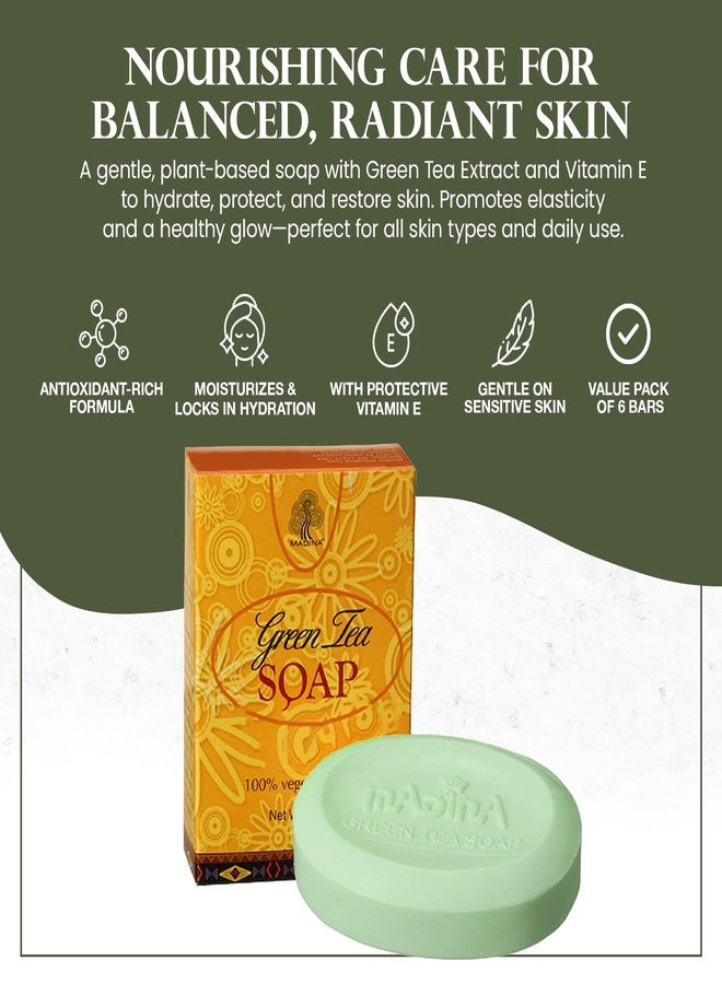 Madina Green Tea & Vitamin E Soap Bar – Antioxidant, Moisturizing, Hydrating, Skin Rejuvenating, Gentle Daily Cleanser, Vegetable-Based, For All Skin Types, 6 Pack (3.5 oz Each) - Image 2